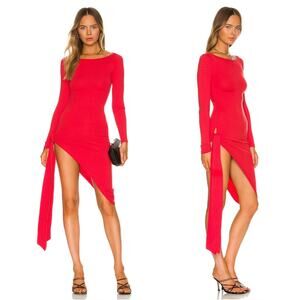 NBD Solana Dress Red‎ Knit Midi Asymmetrical High Cut Hem Sz XS **NO TIE
